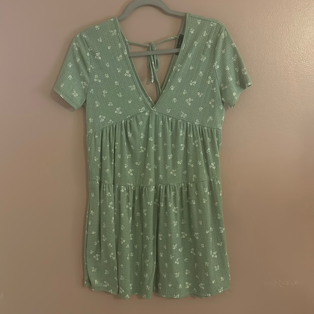 Medium sized mint green floral mini dress from All Saints
